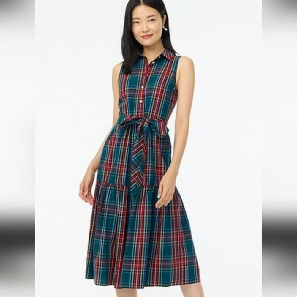New J. Crew Sleeveless Plaid Tartan Multicolor‎ Midi ShirtDress